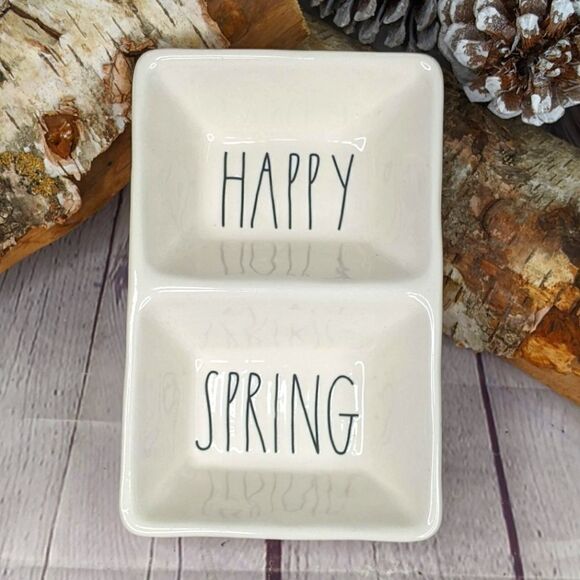 Rae Dunn HAPPY SPRING Divided Ceramic Candy Nut Condiment Trinket Dish - Picture 1 of 5